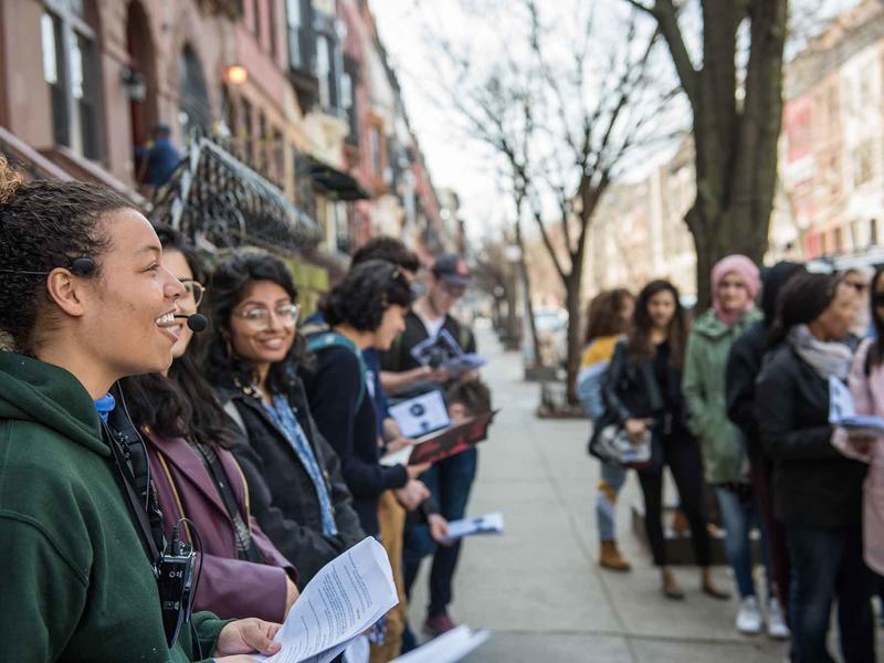 Asha Futterman leading the first Radical Black Women Walking Tour on April 7, 2019, with over 35 people in attendance, co-facilitated by Mariame Kaba.
