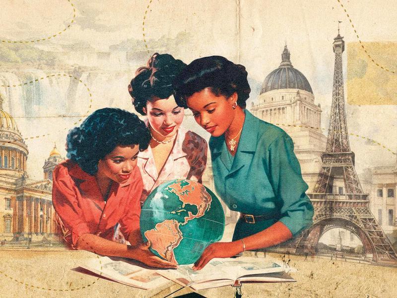三个女人看着一本打开的书和一个地球仪