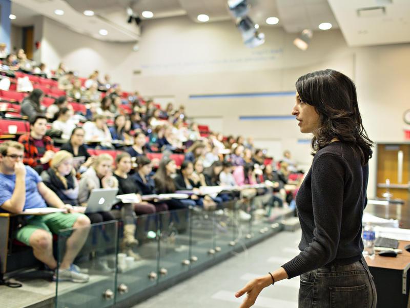 Woman lectures in a large, full lecture hall